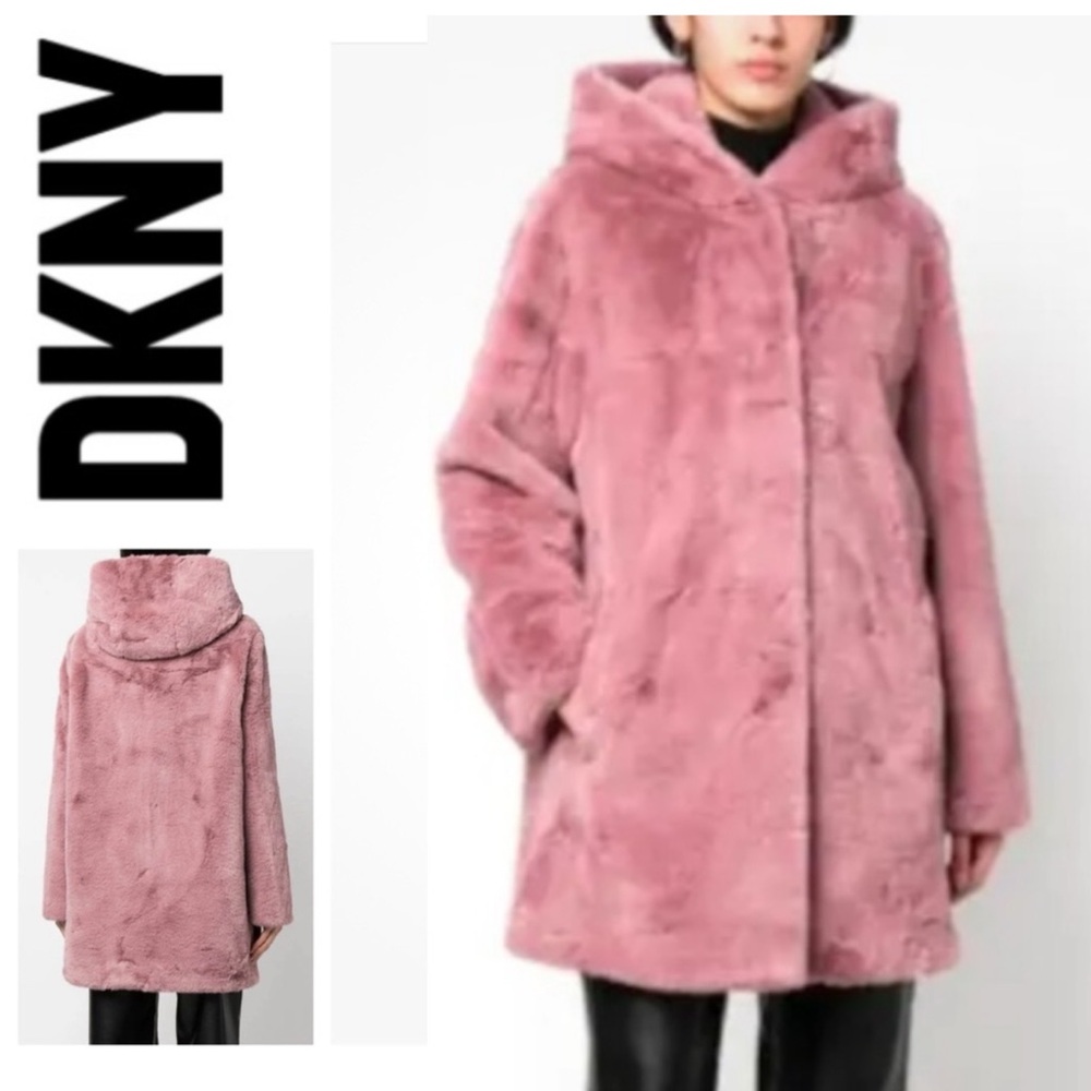 DKNY Hooded Rosewood Pink Faux Fur Coat, Small, MSRP $400
